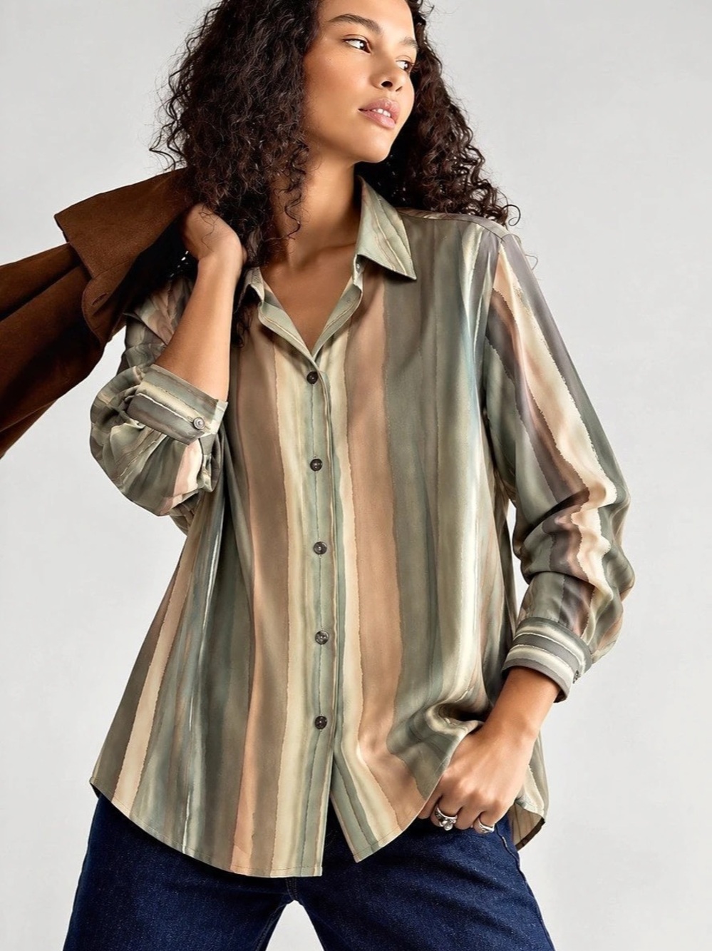 465. ALIA Striped Button Down Shirt in Green & Beige Size 18